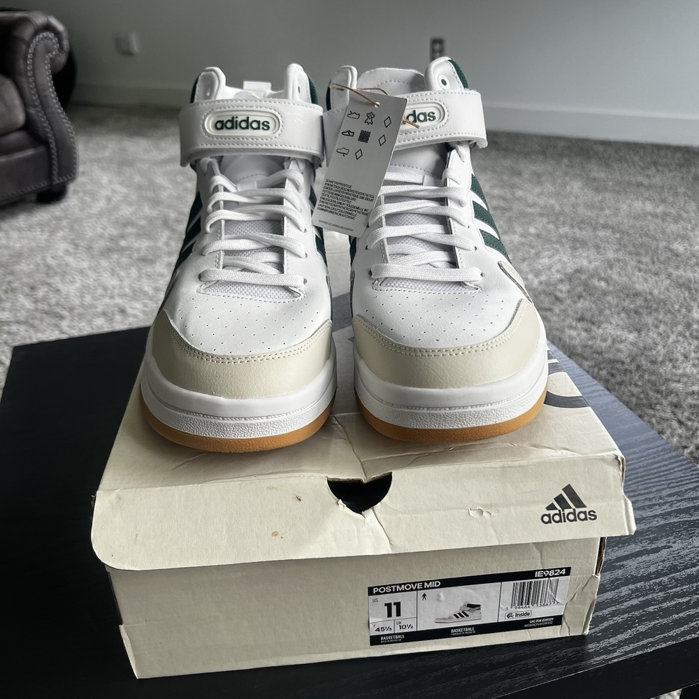 Adidas Postmove Mid Mens 11 White Green Basketball Shoes Sneakers Gum IE9824 - Picture 1 of 12